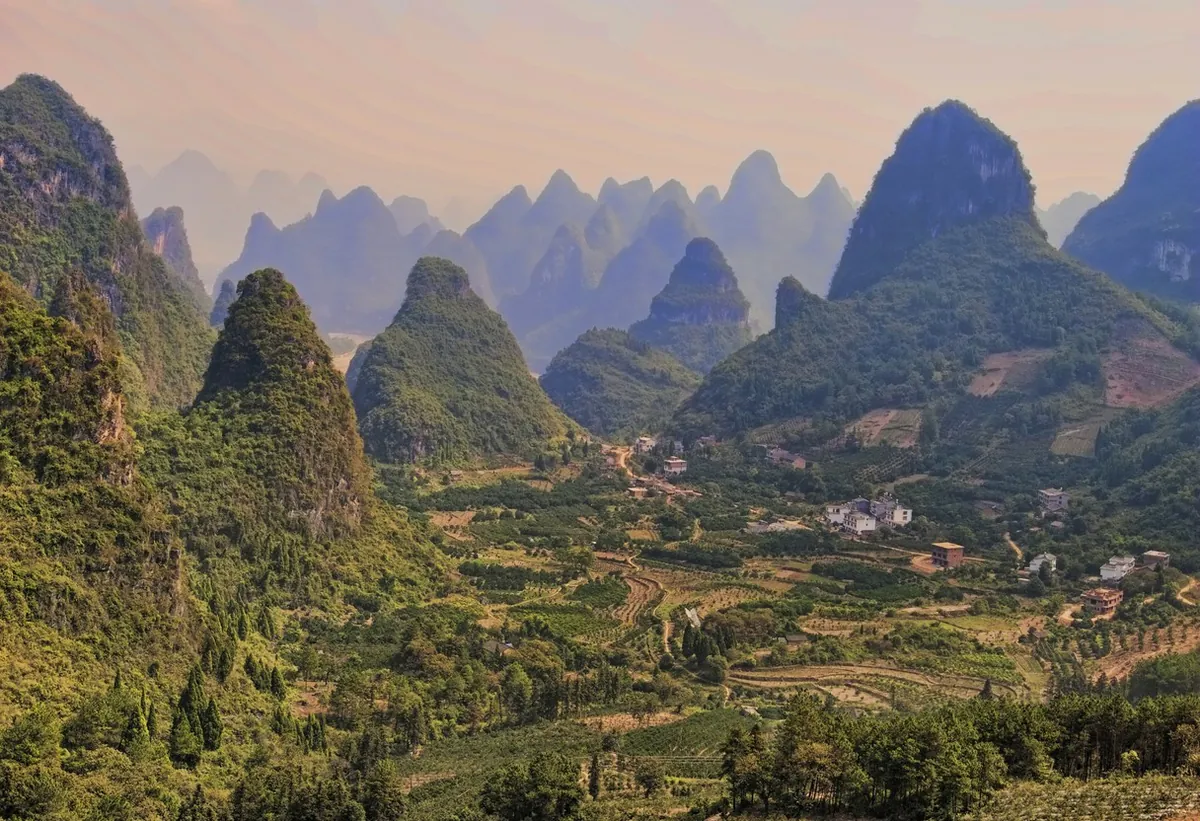 Country road with karst peaks on the Guilin scenic drive